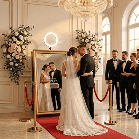 Bride and groom using the interactive mirror photo booth at a wedding